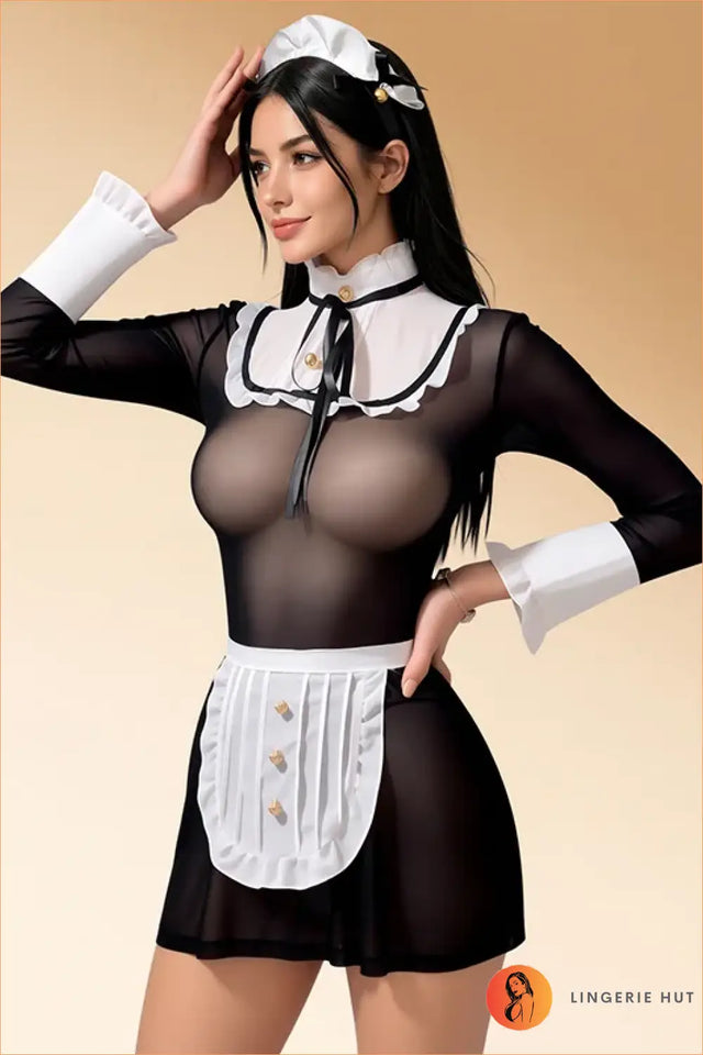 Sheer Maid Costume Dress with Apron, Ruffle Collar and Cap