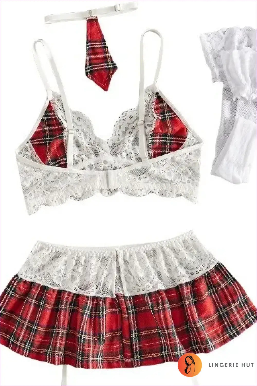 Sexy Schoolgirl Costume with Lace Plaid Skirt - Night Play
