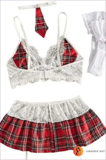 Sexy Schoolgirl Costume with Lace Plaid Skirt - Night Play