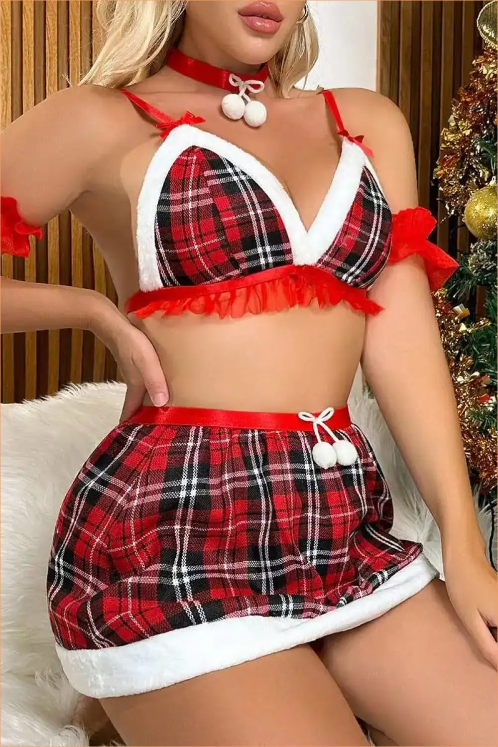 Festive Plaid Bralette Set with Fur Trim and Pom Poms