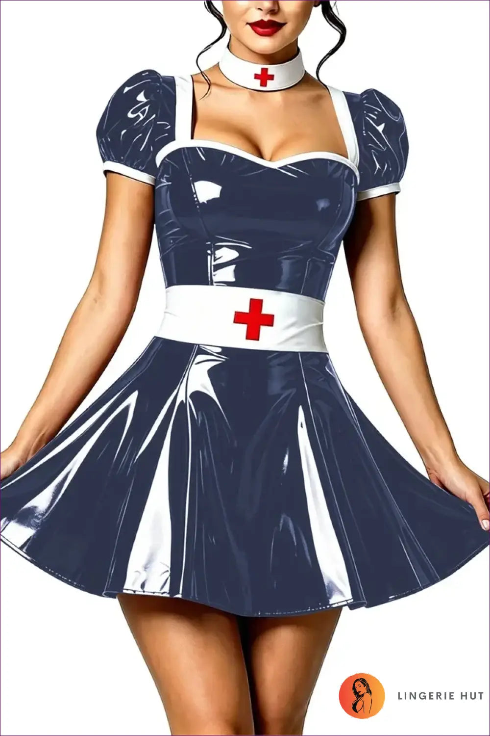 Nurse Costume with Puff Sleeves and Matching Choker - Playful Fantasy