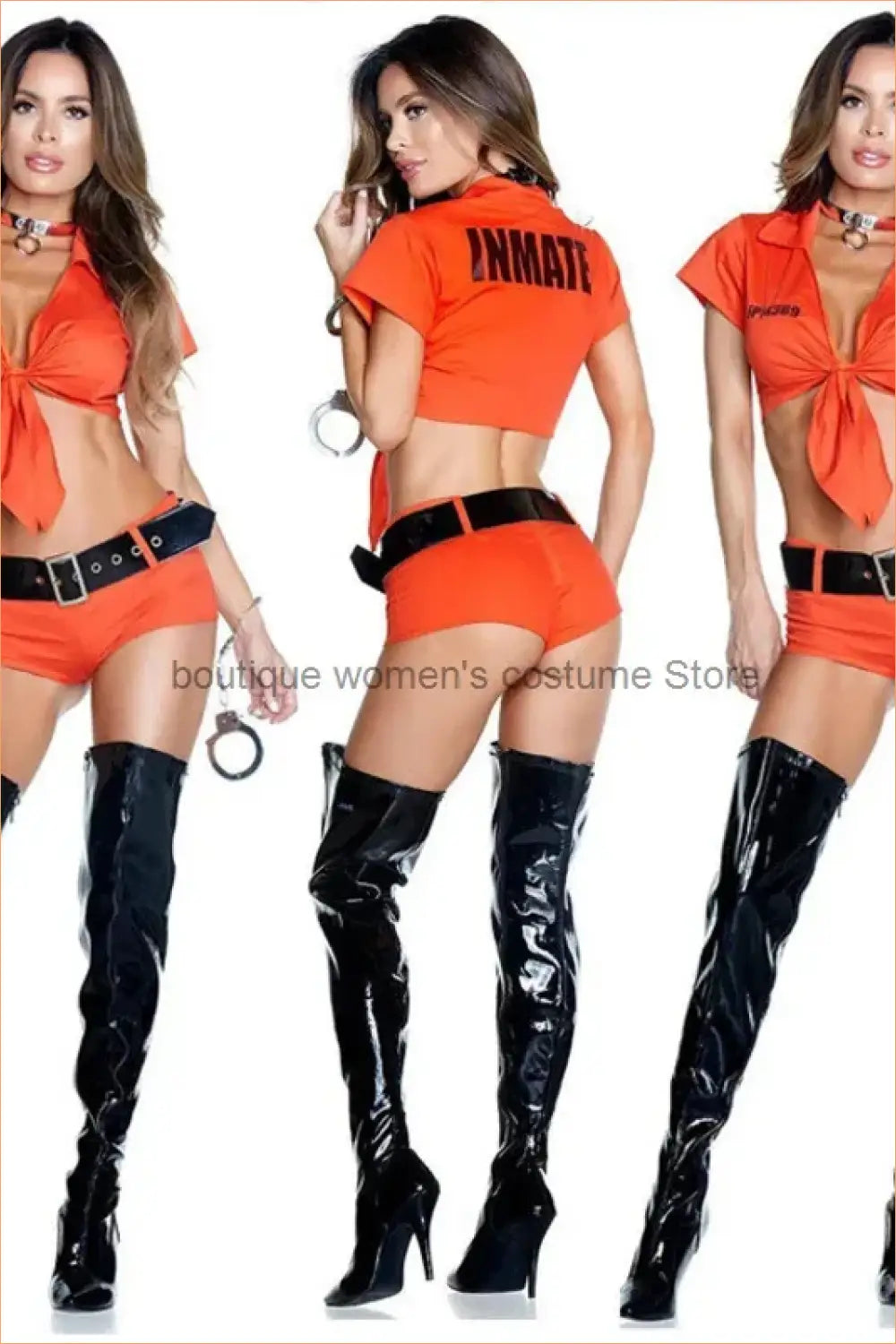 Orange Inmate Two-Piece Costume Set - Tie-Front Crop Top, Shorts & Belt