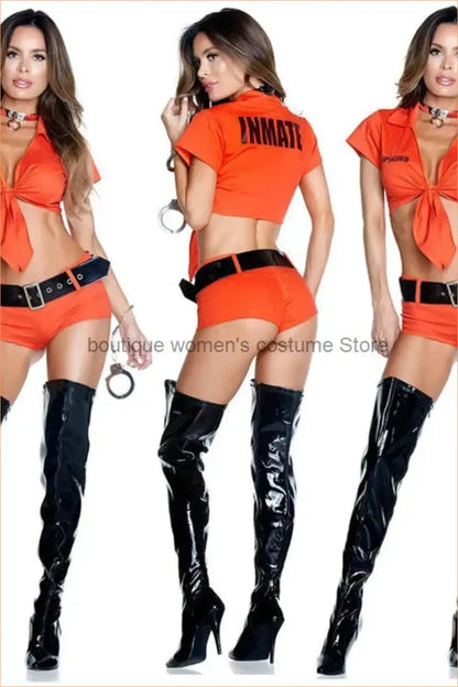 Orange Inmate Two-Piece Costume Set - Tie-Front Crop Top, Shorts & Belt