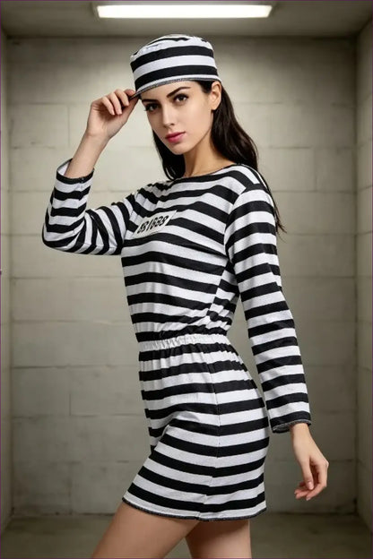 Striped Prisoner Costume with Matching Cap - Lockdown Chic