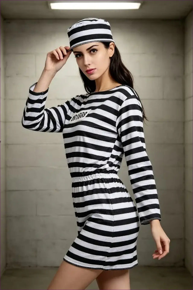 Striped Prisoner Costume with Matching Cap - Lockdown Chic