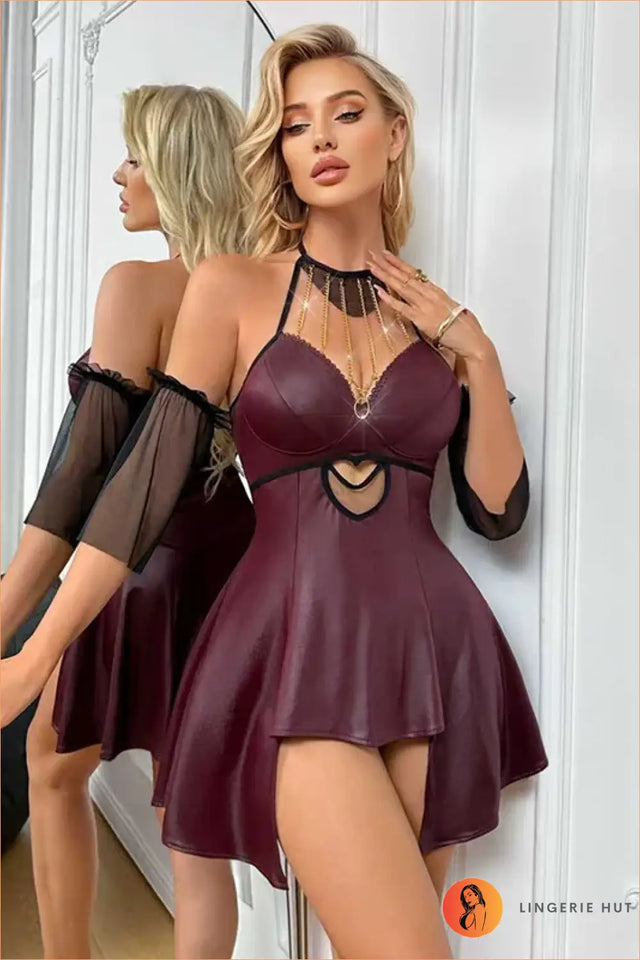 Burgundy Chain-Drape Halter Dress