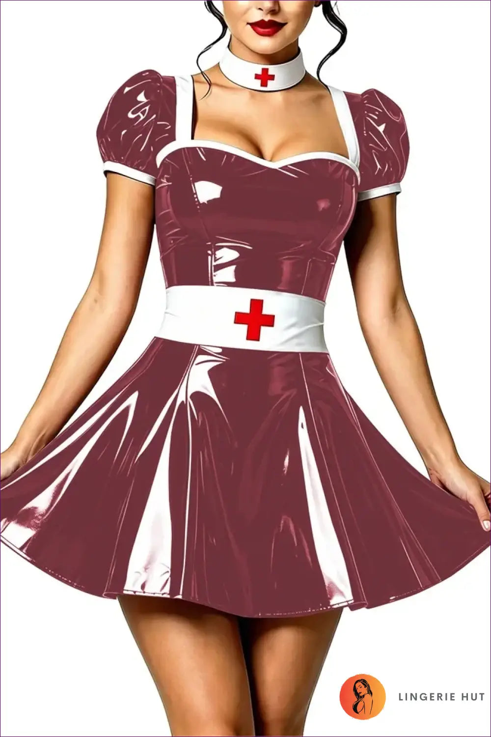 Nurse Costume with Puff Sleeves and Matching Choker - Playful Fantasy