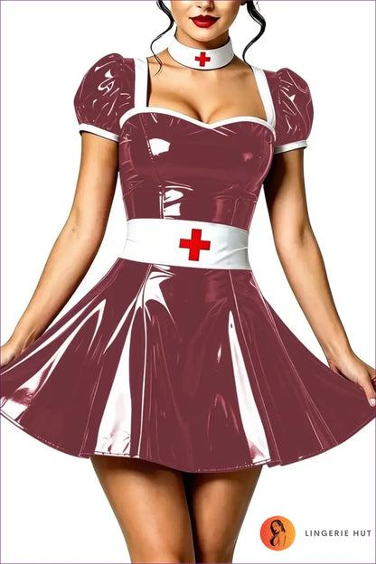 Nurse Costume with Puff Sleeves and Matching Choker - Playful Fantasy