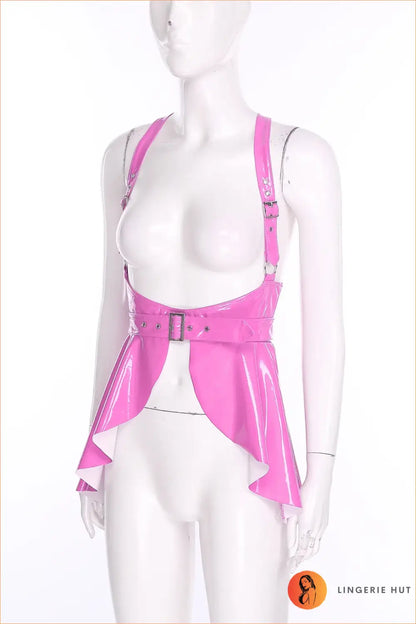 Pink Wet-Look Halter Skater Dress