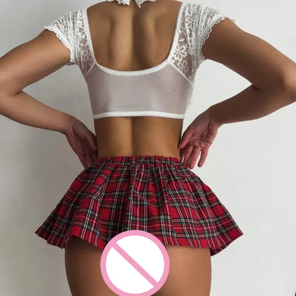 Sheer Lace Crop Top with Plaid Mini Skirt and Tie