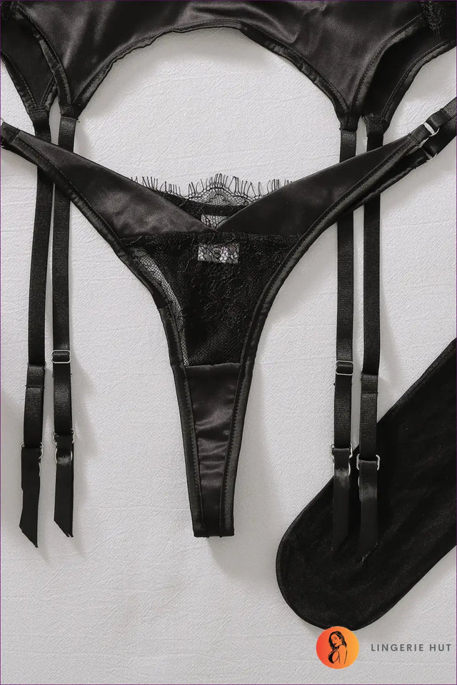 Satin Bra Set with Lace Cups and Garter Belt - Private Luxury