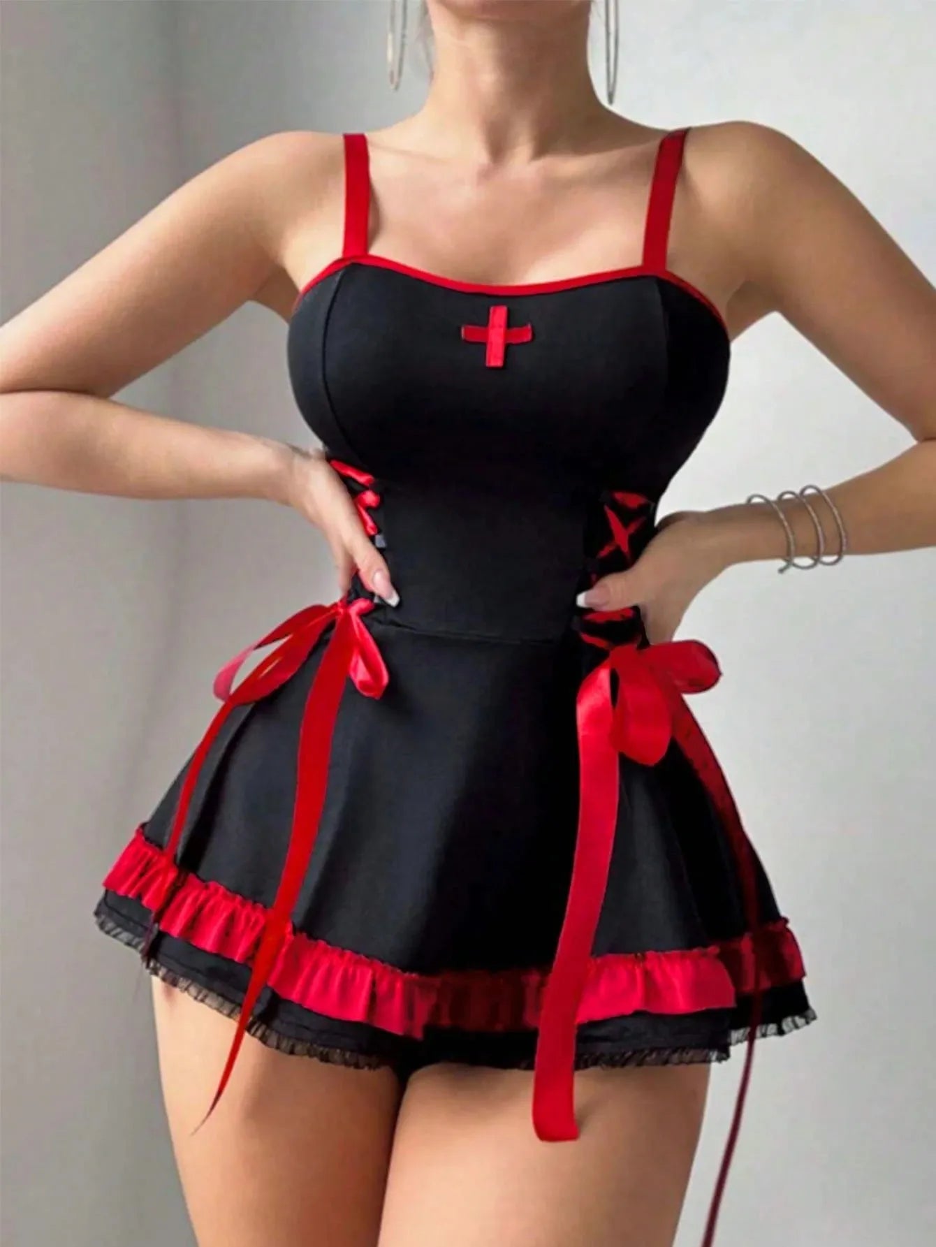 Nurse Costume Mini Dress with Cross Badge and Hip Bows