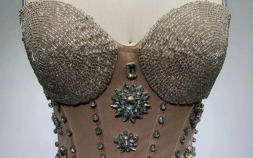 Sexy Beige Diamond Fringe V-neck Mini Dress