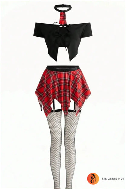 Red Plaid Garter Skirt Schoolgirl Costume Set