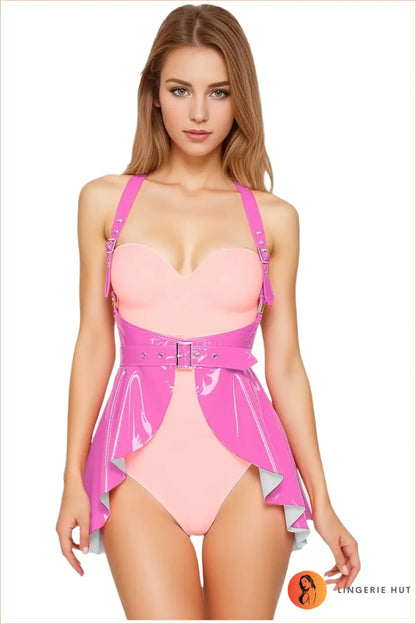 Pink Wet-Look Halter Skater Dress