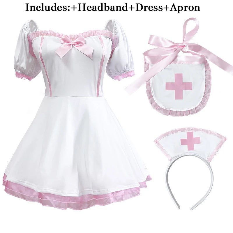 Off-Shoulder Nurse Costume Dress with Apron and Cap