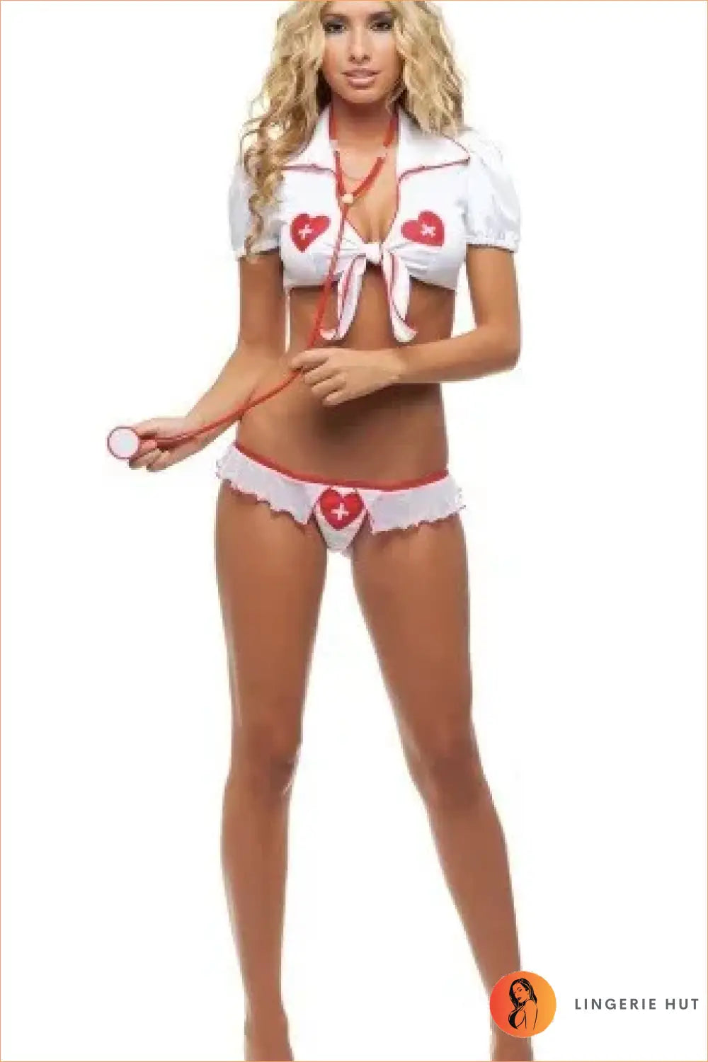 Naughty Nurse Outfit - Heart-Trim Crop Top, Briefs & Cap Costume Set