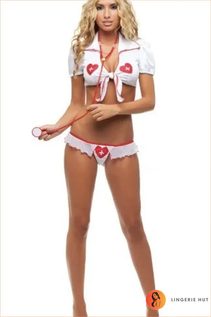 Naughty Nurse Outfit - Heart-Trim Crop Top, Briefs & Cap Costume Set