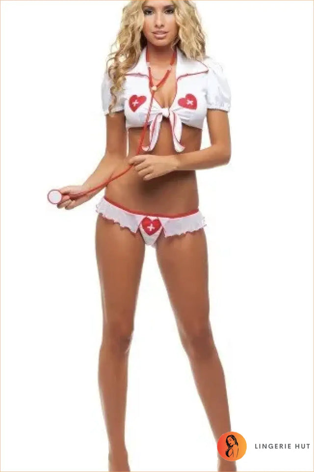 Naughty Nurse Outfit - Heart-Trim Crop Top, Briefs & Cap Costume Set
