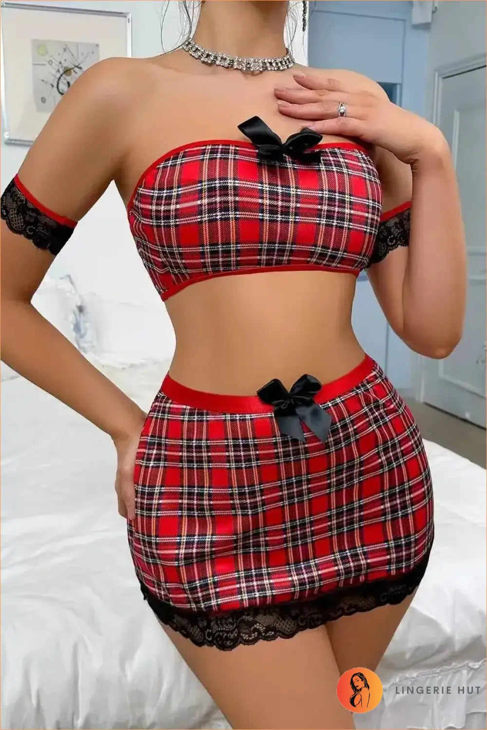 Red Tartan Schoolgirl Costume Set with Lace Arm Cuffs