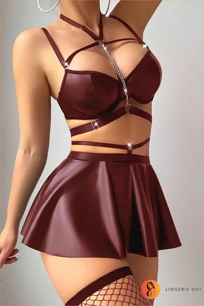 Black Chained Harness Bra and Flared Skirt Set