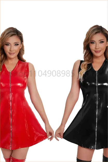 Red Wet-Look Zip-Front Flared Mini Dress