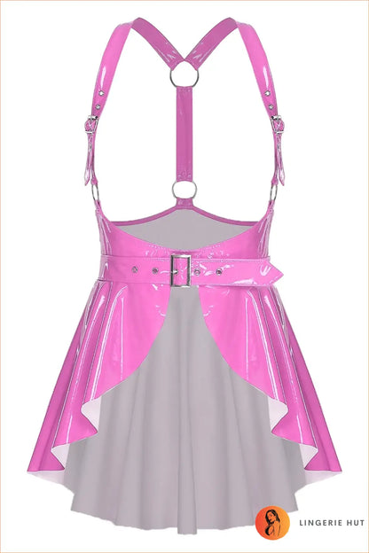 Pink Wet-Look Halter Skater Dress