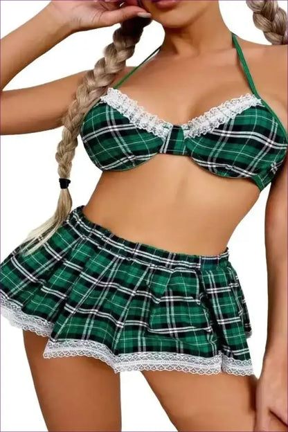 Sexy Schoolgirl Costume with Halter Lace Bra - Weekend Flirt