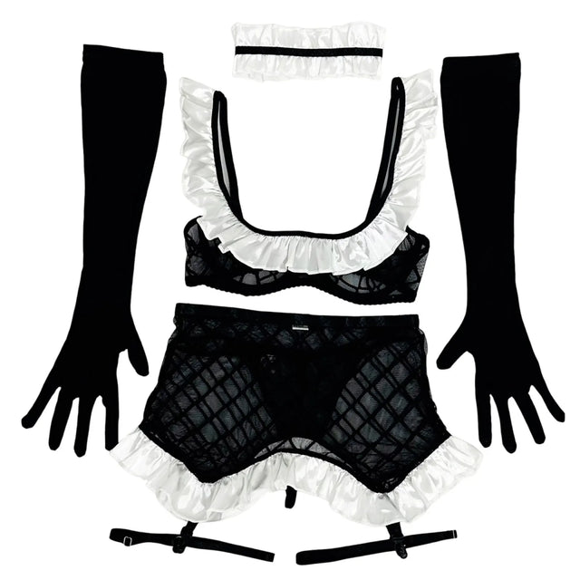 Sheer Maid Lingerie Set with Mesh Bra, Mini Skirt and Choker