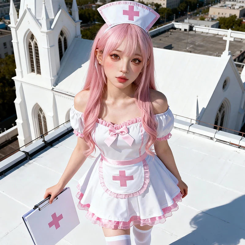 Off-Shoulder Nurse Costume Dress with Apron and Cap