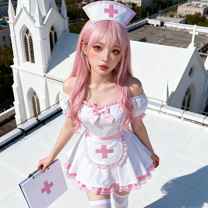 Off-Shoulder Nurse Costume Dress with Apron and Cap