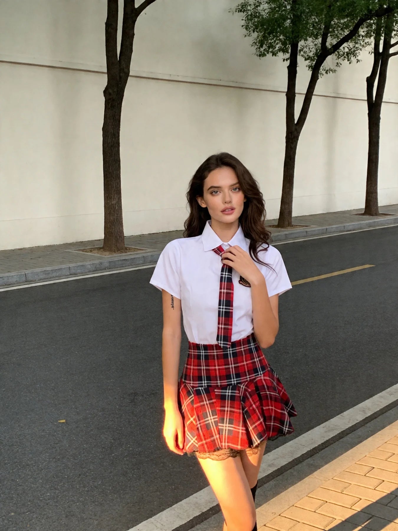 Schoolgirl Costume with Cropped Shirt, Plaid Skirt and Tie