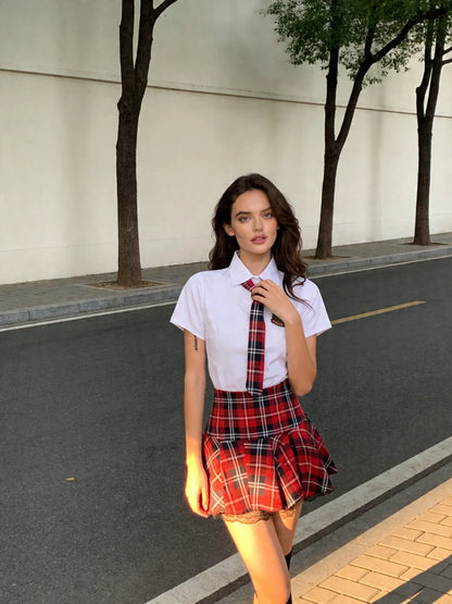 Schoolgirl Costume with Cropped Shirt, Plaid Skirt and Tie