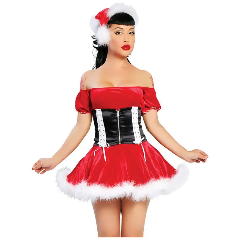 Velvet Santa Cosplay Dress - Plush Off-shoulder Elegance