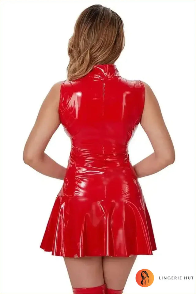 Red Wet-Look Zip-Front Skater Mini Dress