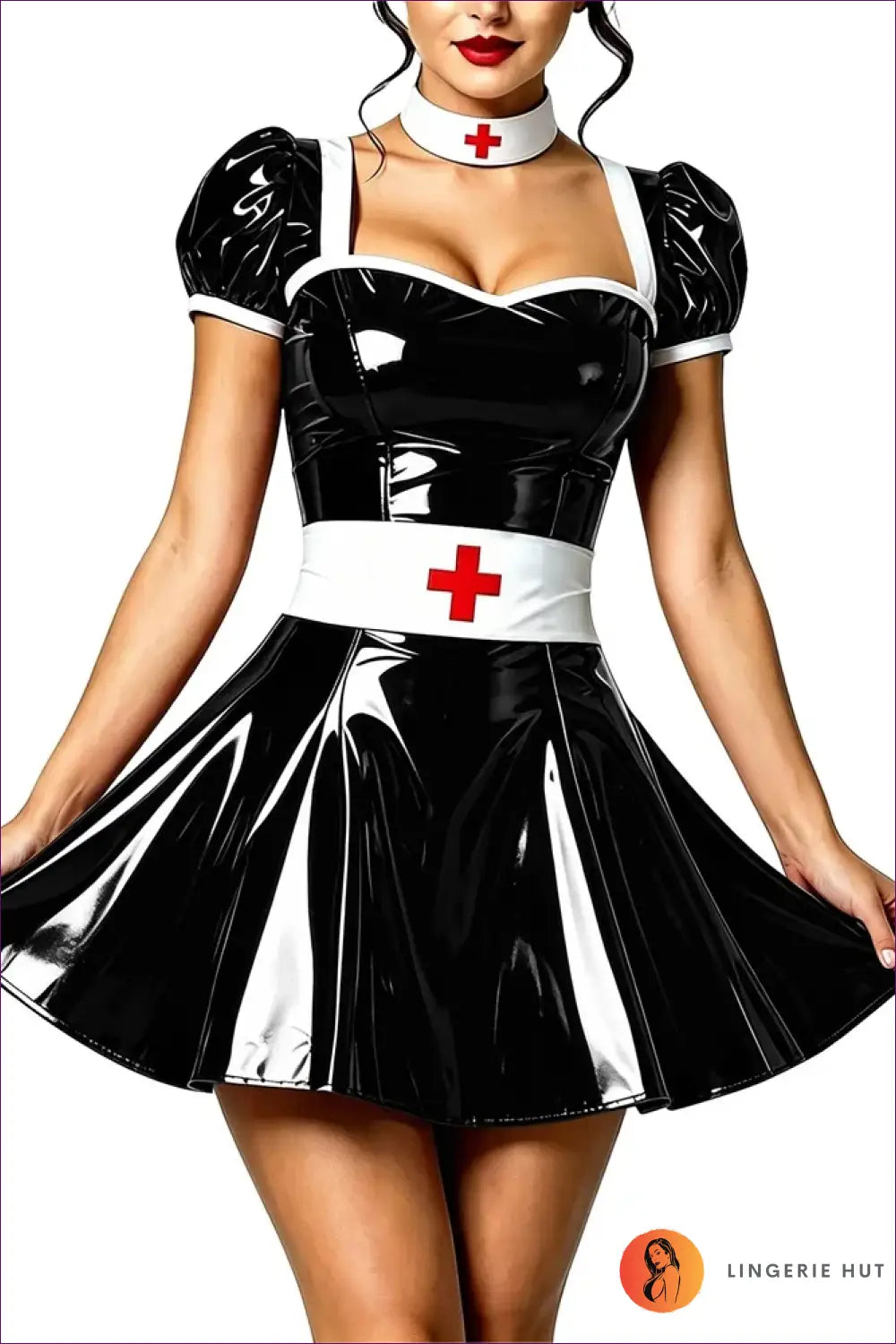 Nurse Costume with Puff Sleeves and Matching Choker - Playful Fantasy