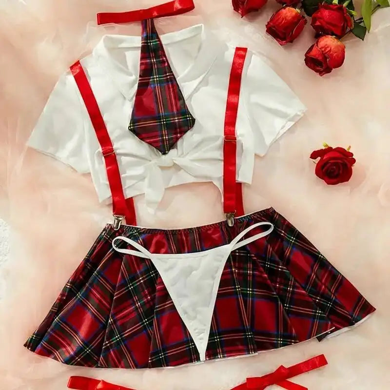 Tie-Front Crop Shirt with Plaid Mini Skirt and Suspenders