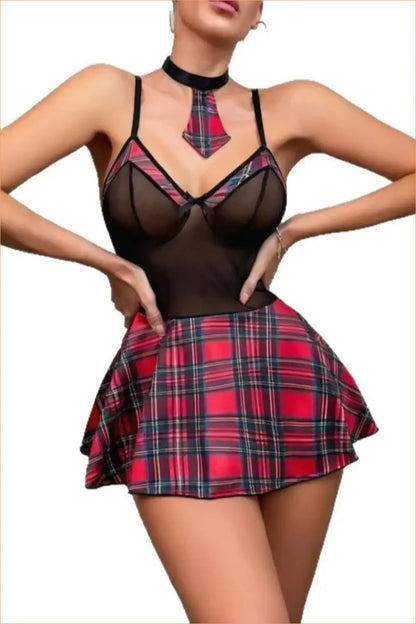 Black Mesh & Red Tartan Schoolgirl Roleplay Costume Set