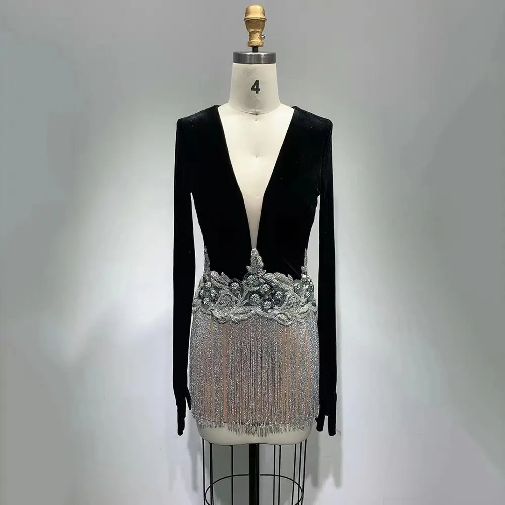 Luxe Velvet Dress - Beaded Tassel Elegance