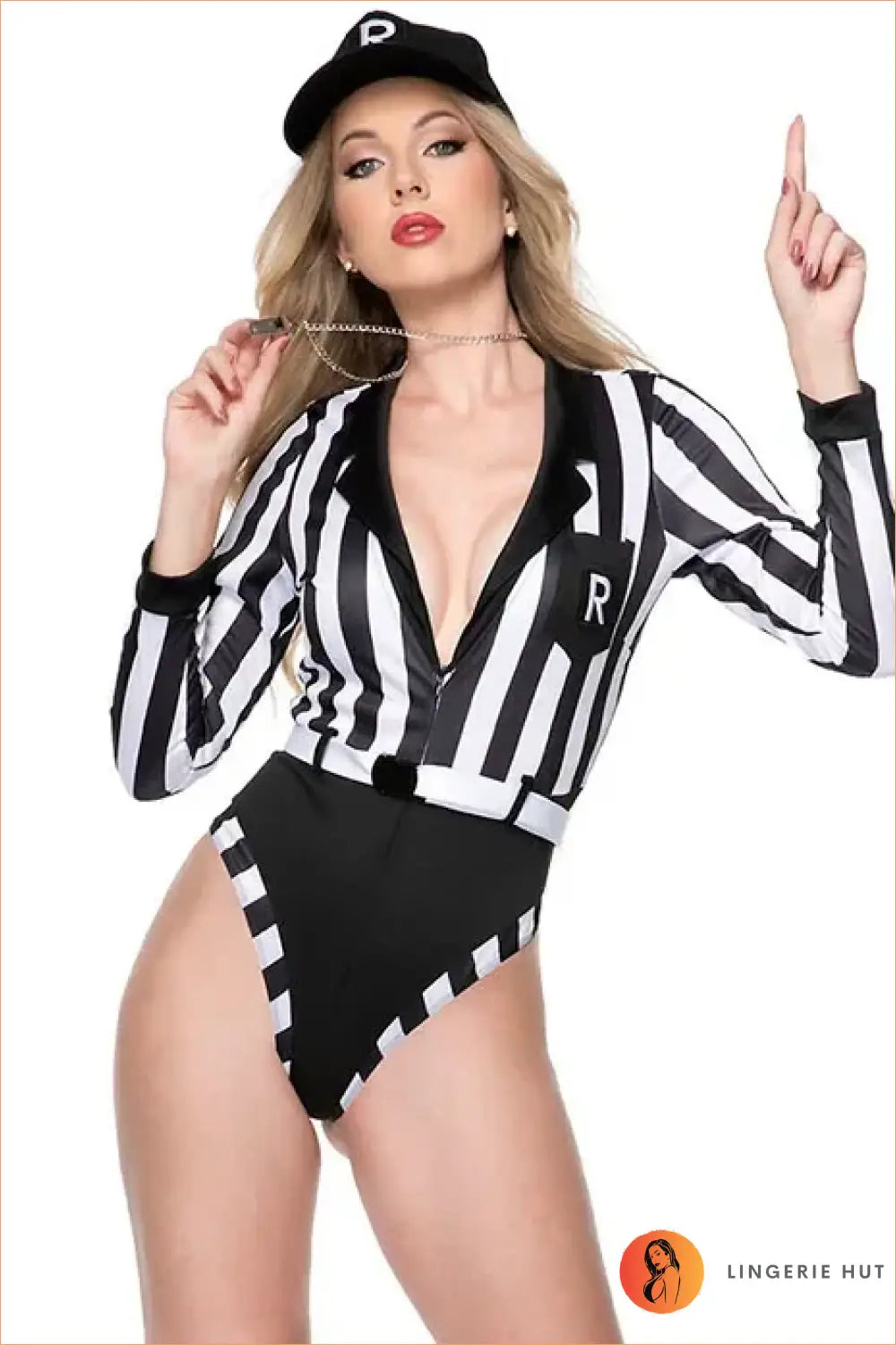 Long Sleeve Striped Referee Roleplay Bodysuit with High-Cut Leg