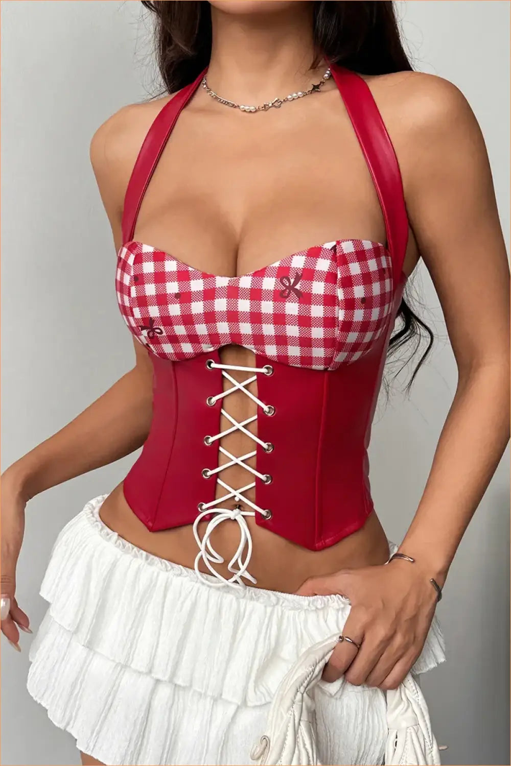 Red Gingham Lace-Up Corset Top