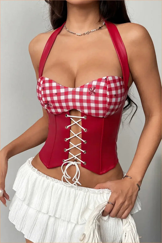 Red Gingham Lace-Up Corset Top