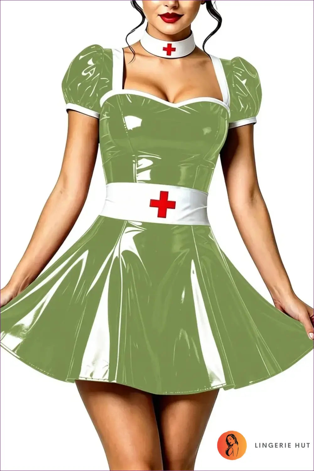 Nurse Costume with Puff Sleeves and Matching Choker - Playful Fantasy