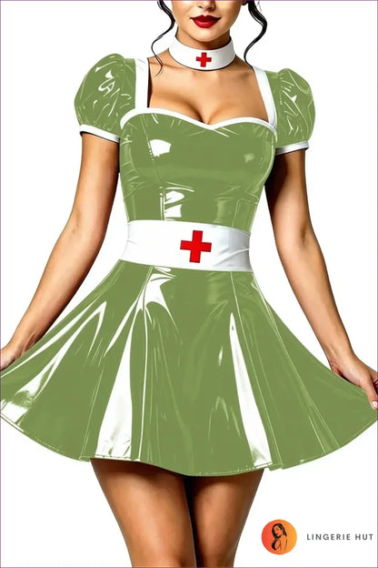Nurse Costume with Puff Sleeves and Matching Choker - Playful Fantasy