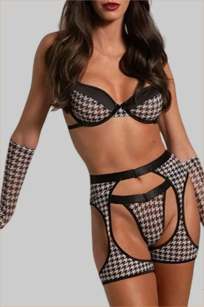 Houndstooth Mesh Lingerie Set With Long Gloves