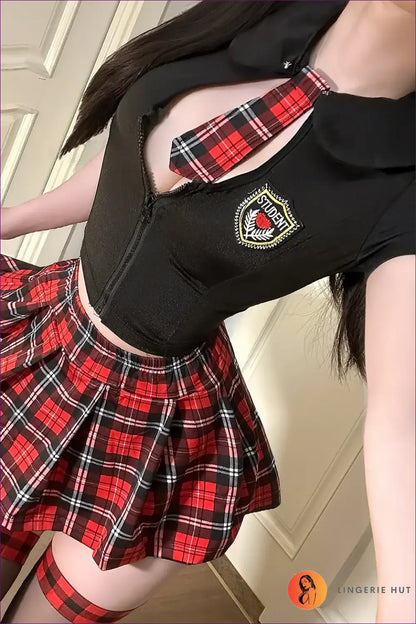 Sexy Schoolgirl Costume with Zip Crop Top - Playful Fantasy