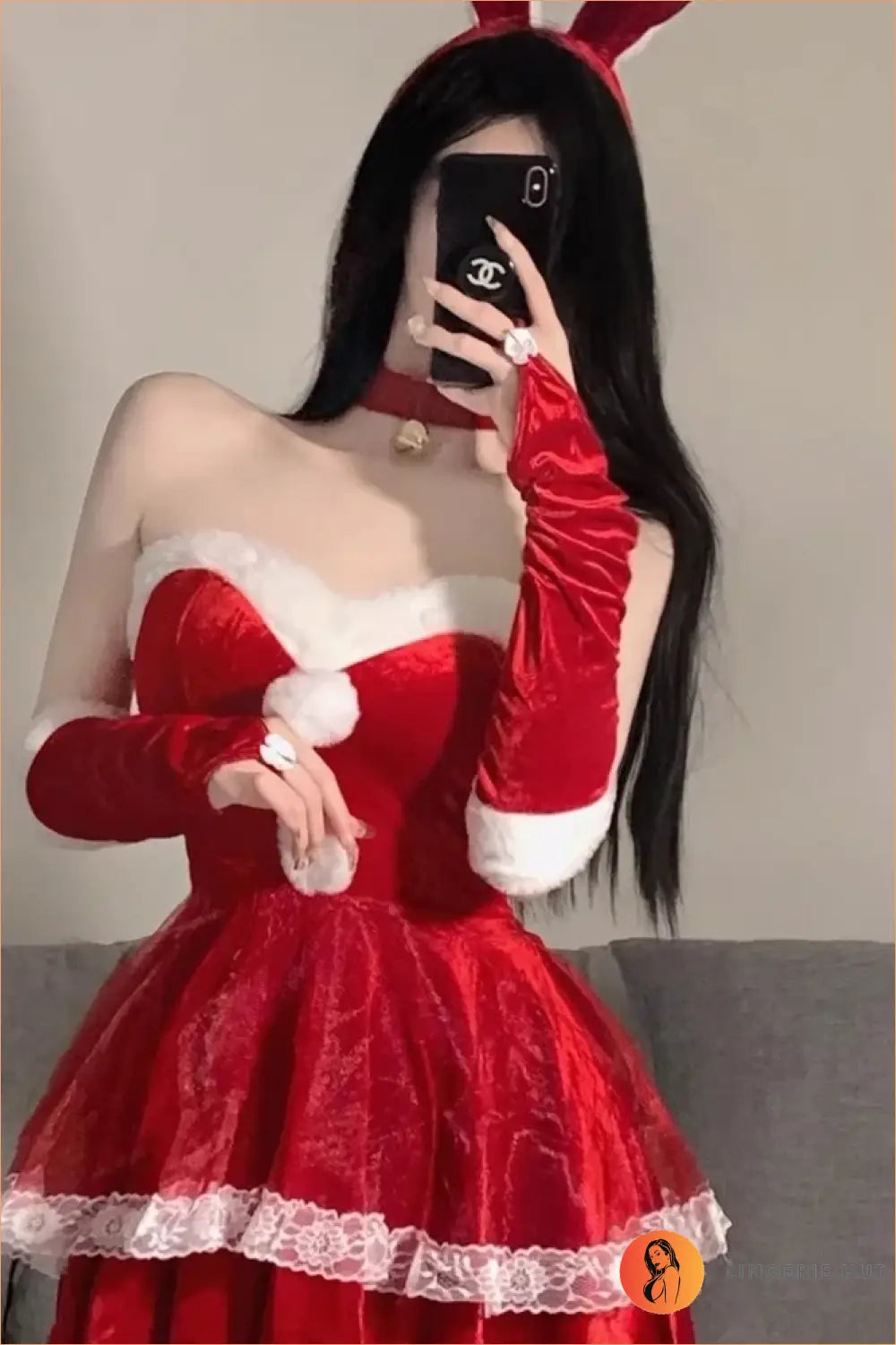 Santa Bunny Christmas Costume with Fur Trim and Pom-Poms