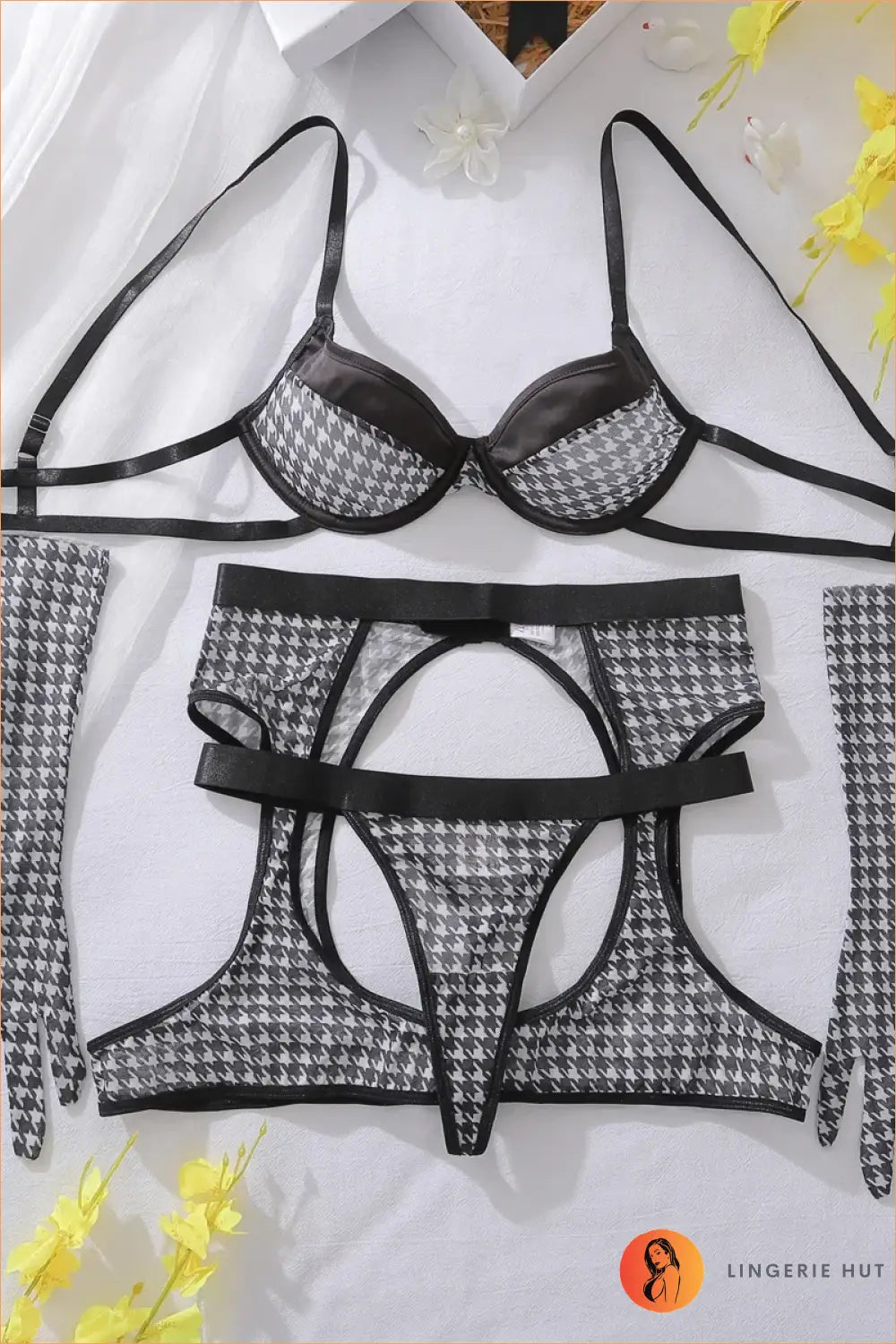 Houndstooth Mesh Lingerie Set With Long Gloves