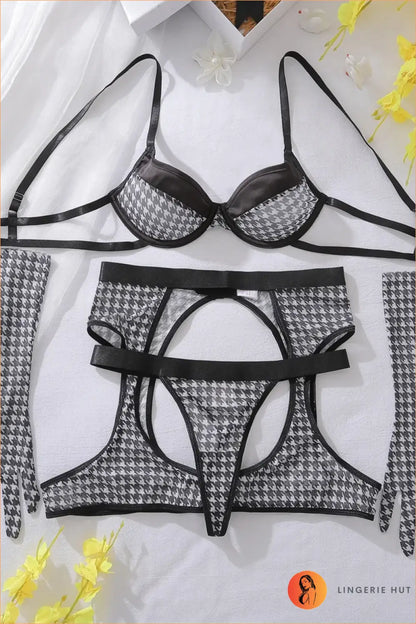 Houndstooth Mesh Lingerie Set With Long Gloves