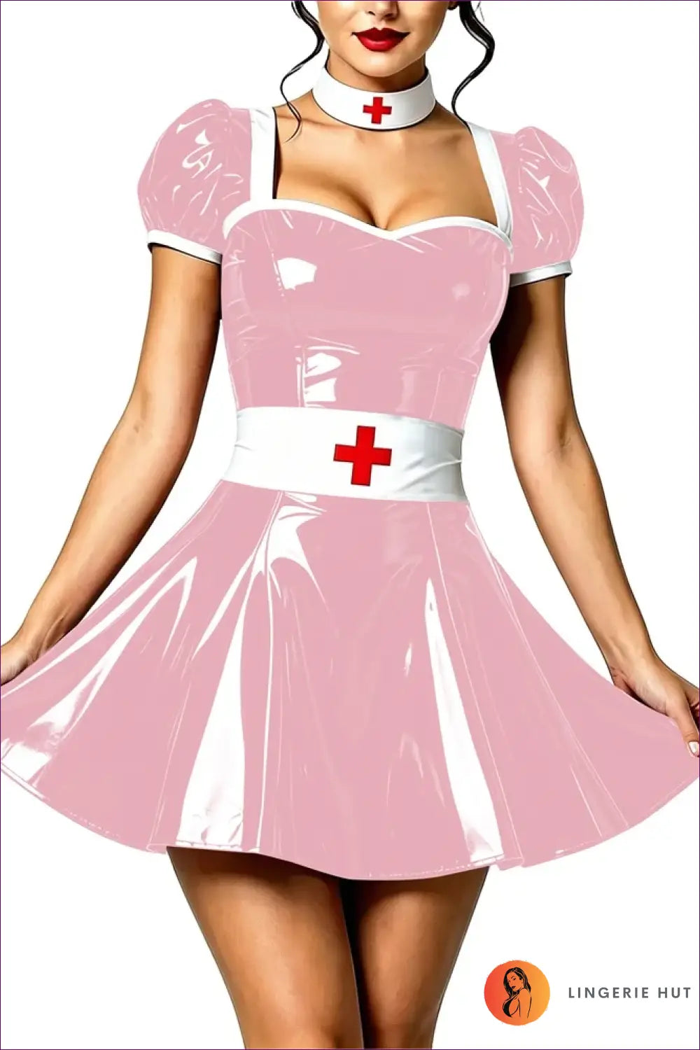 Nurse Costume with Puff Sleeves and Matching Choker - Playful Fantasy